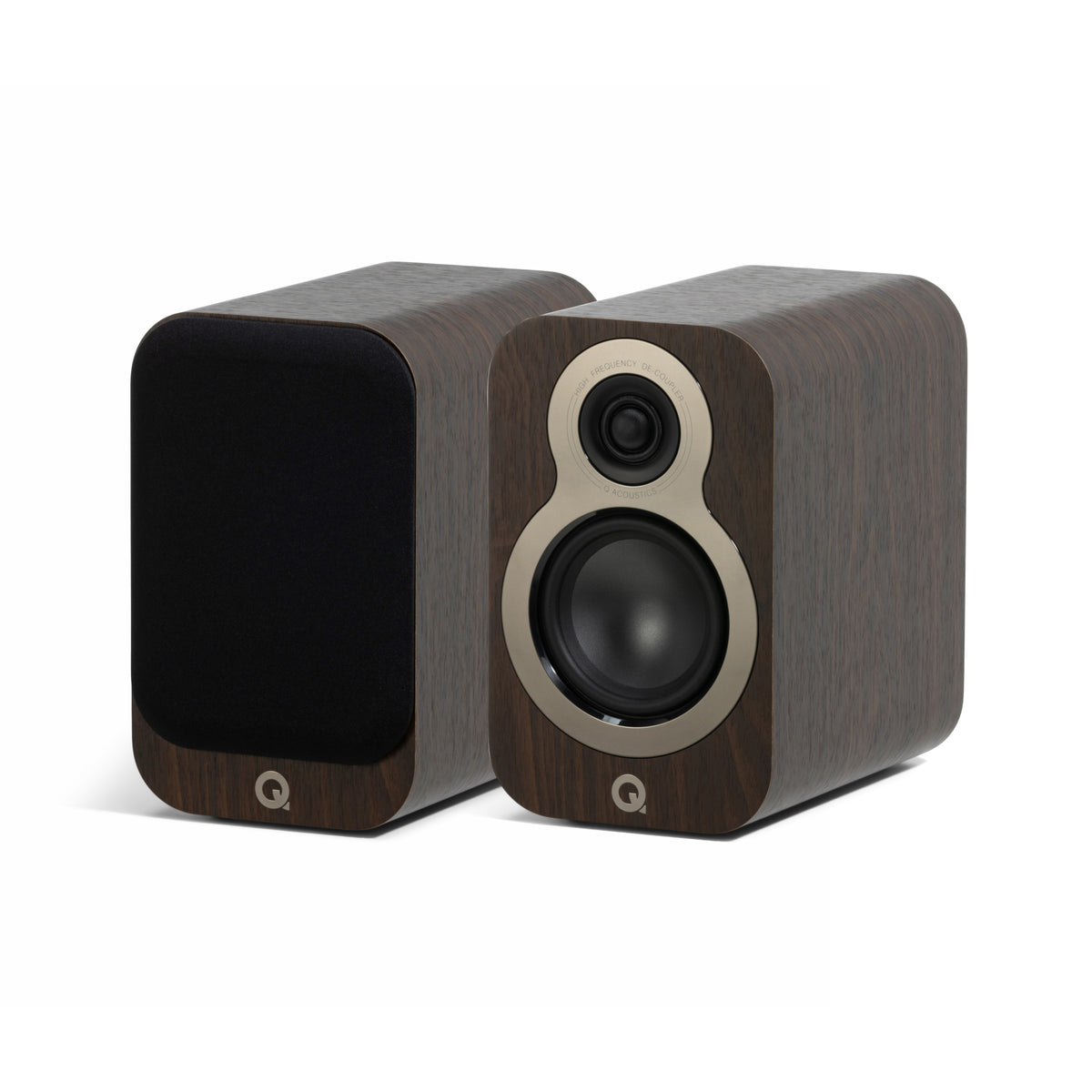A Walnut Q Acoustics 3010c speaker with a silver-colored base and walnut speaker grills.