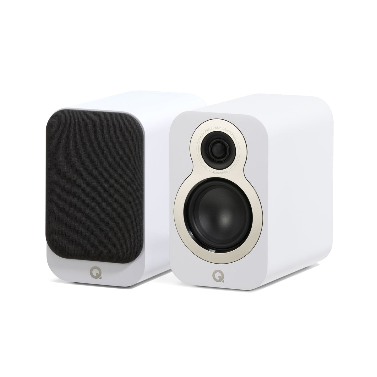 A White Q Acoustics 3010c speaker with a silver-colored base and white speaker grills.