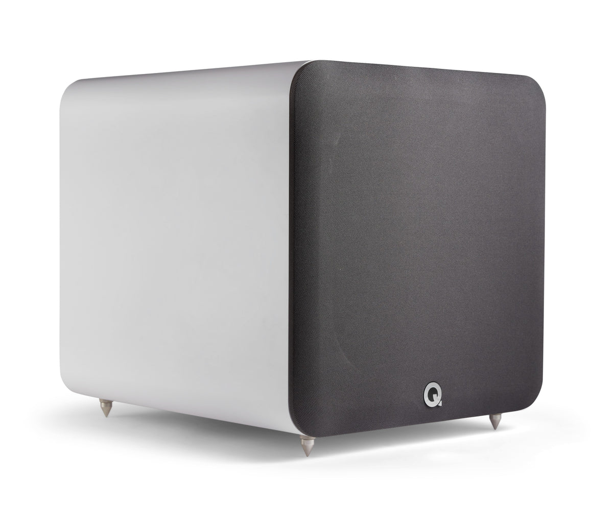 Q Acoustics SUB120 12inch subwoofer front side view with grey grille- Satin White