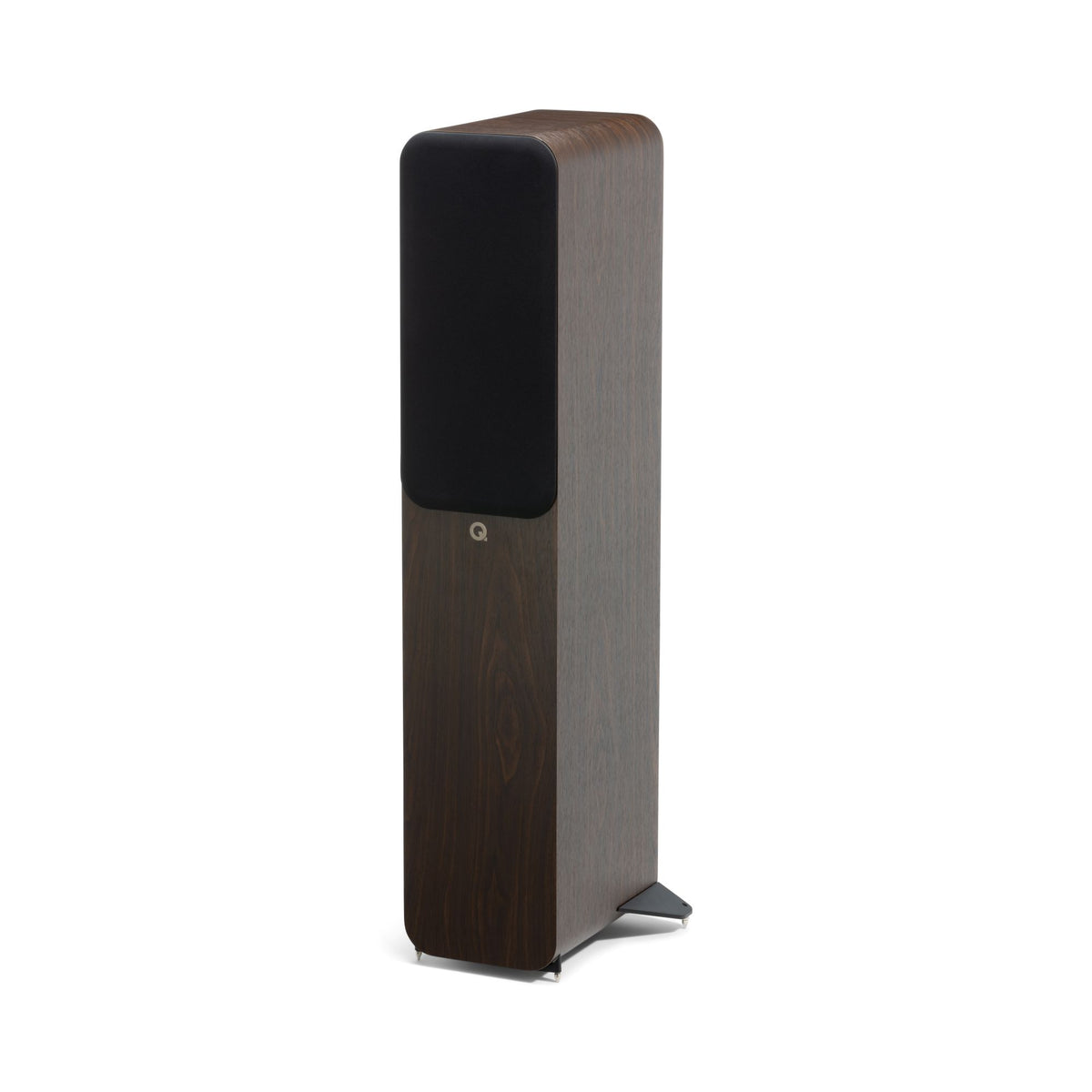 Q Acoustics 3050c floorstanding speakers front side view with grille - Claro Walnut